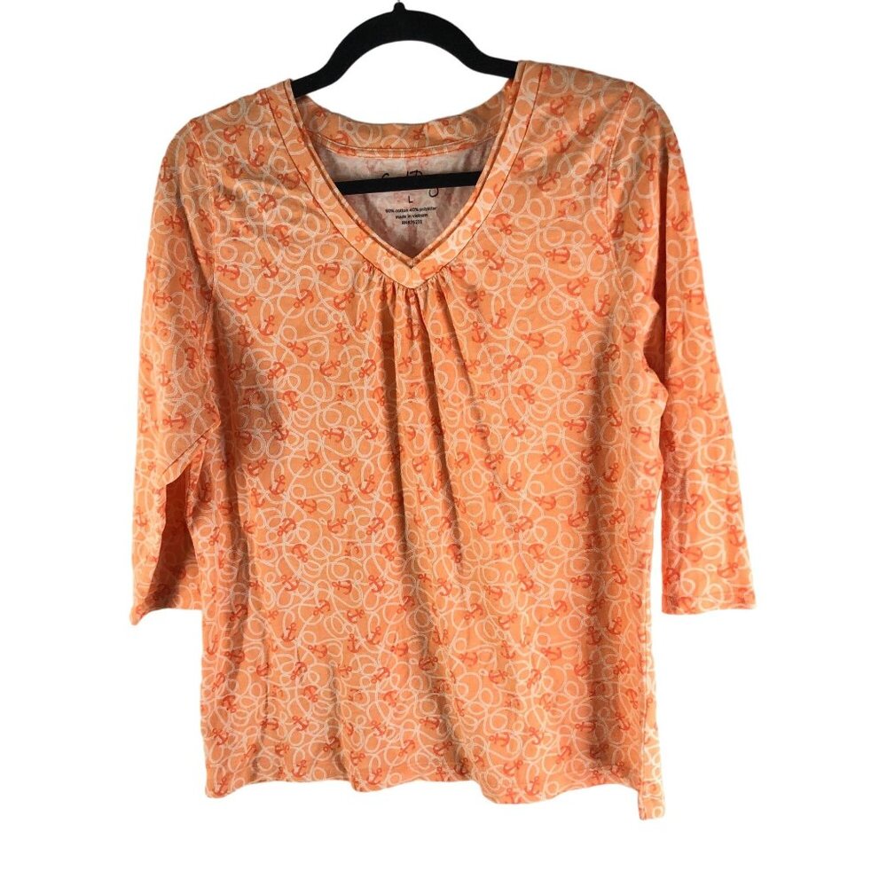 Coral Bay Womens Orange Anchor Print V-Neck 3/4 Sleeve Top L